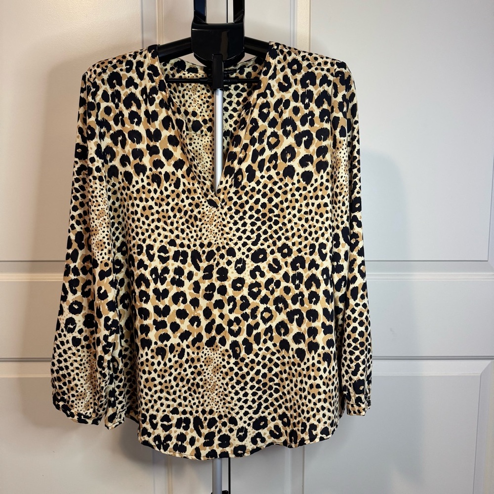 Adrianna Papell Animal Print Vneck Blouse Black Tan Split Neckline Leopard Sz XL